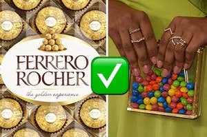Ferrero Rocher is on the left with a woman holding a bag of Skittles on the right