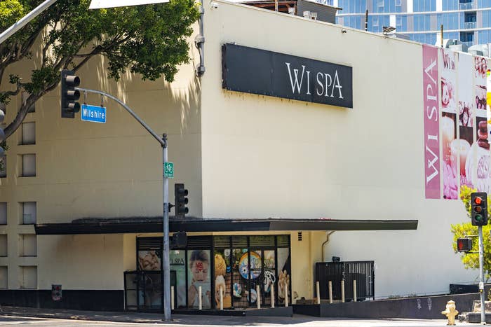 A pale building with &quot;Wi Spa&quot; on the exterior at Wilshire Boulevard