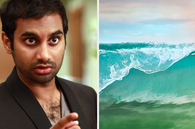 Tom is on the left pointing at a large wave at a beach