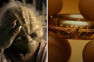 Yoda is on the left looking at a man holding a ring on the right