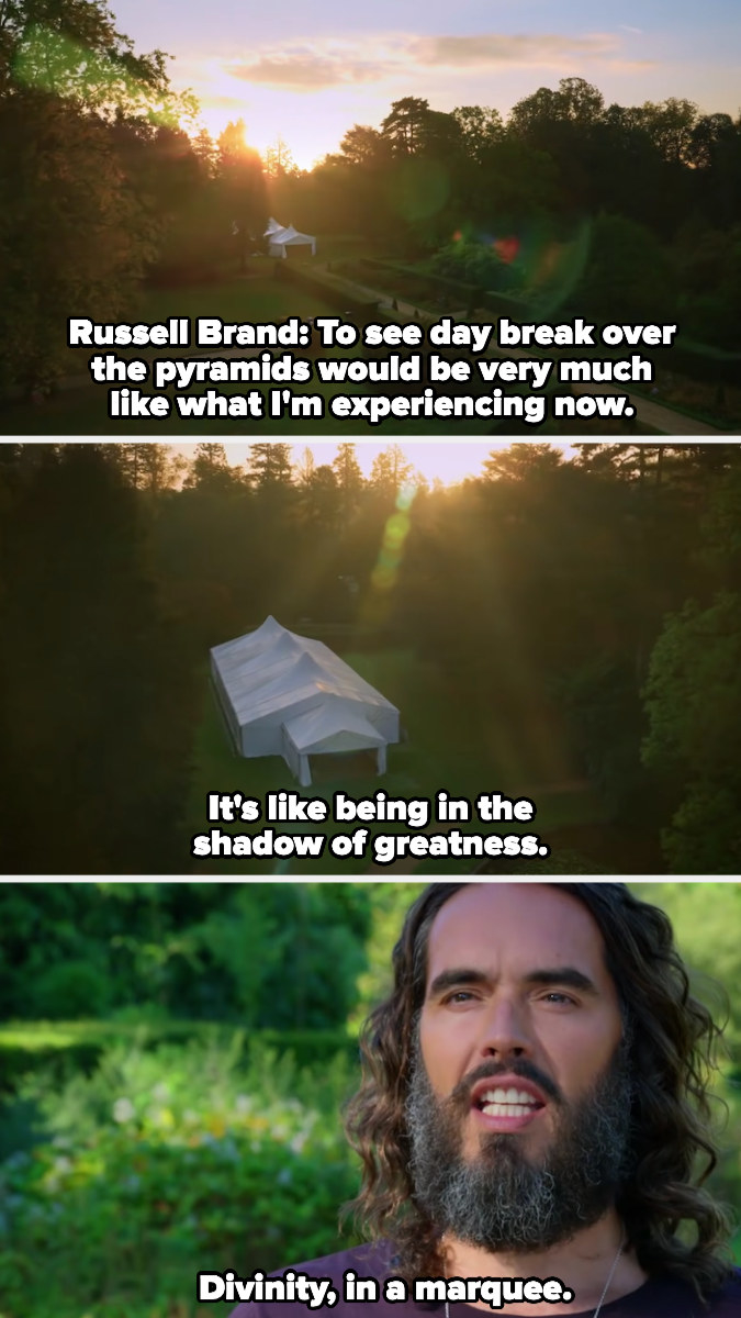 Russell Brand calls the tent &quot;divinity, in a marquee&quot;