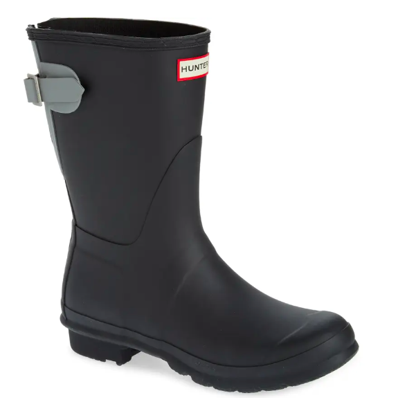 The Original Short Back Adjustable Waterproof Rain Boot in black and gray