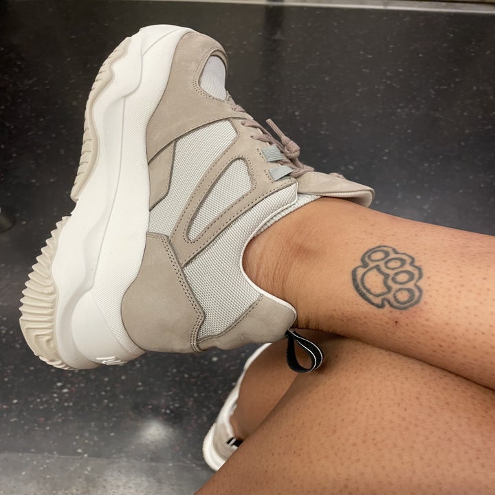 close up of the Luke Allsan P448 sneaker on Taylor's right foot