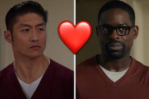 Dr Choi is wearign scrubs, facing Randall Pearson with a heart emoji in the center