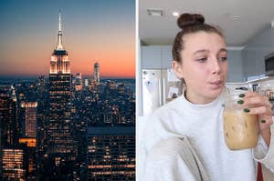 On the left, New York City at sunset, and on the right, Emma Chamberlain sipping an iced coffee out of a mason jar