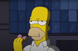 Homer Simpson eating a strawberry donut