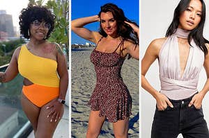 reviewer in a yellow and orange monokini; reviewer in a polka dot mini dress; model in a satin bodysuit