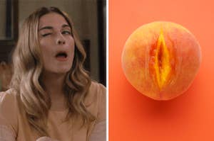 alexis rose winking on the left and a peach on the right