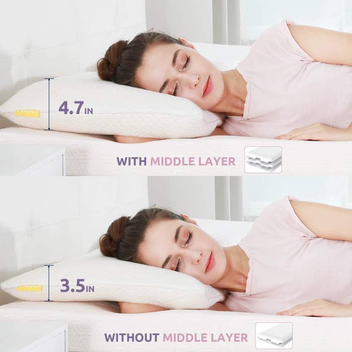 Photos showing the pillow can be adjusted to be either 4.7 inches thick or 3.5 inches thick