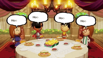 a gif of four players from miitopia saying &quot;hooray!&quot;