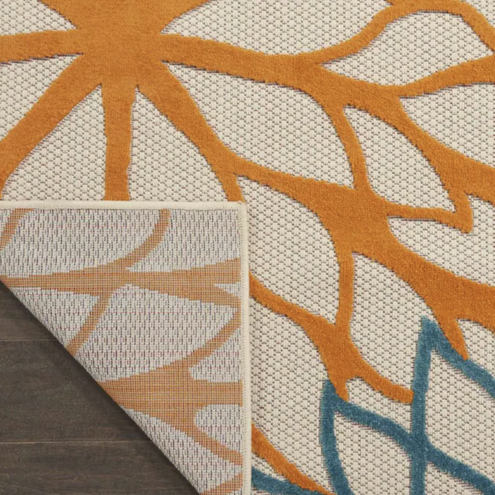 a close-up of the multicolored rug on both the top and underside 