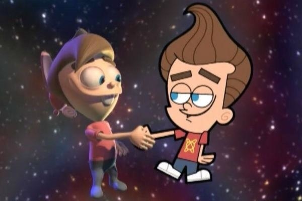 CGI Timmy and 2D Jimmy Neutron shaking hands