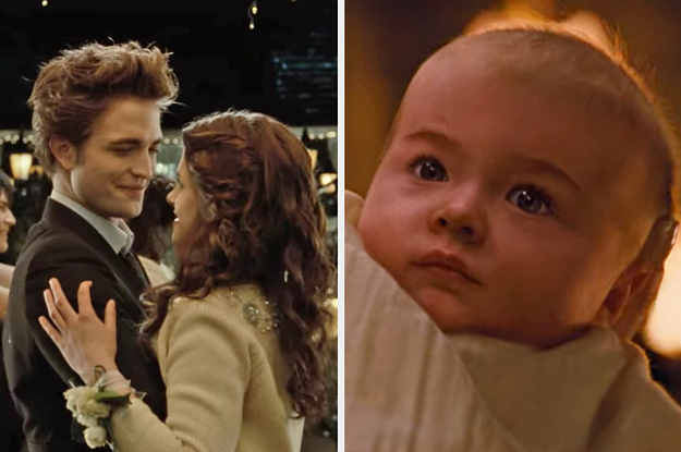 On the left, Edward and Bella at prom in