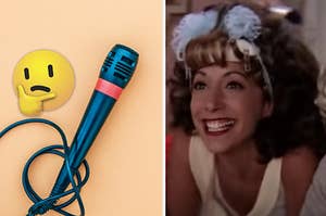A microphone is on the left with Frenchy smiling in her PJs