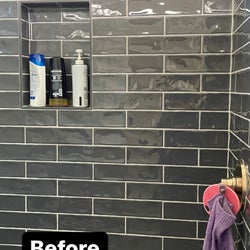 Before image of mismatched shampoo and conditioner bottles