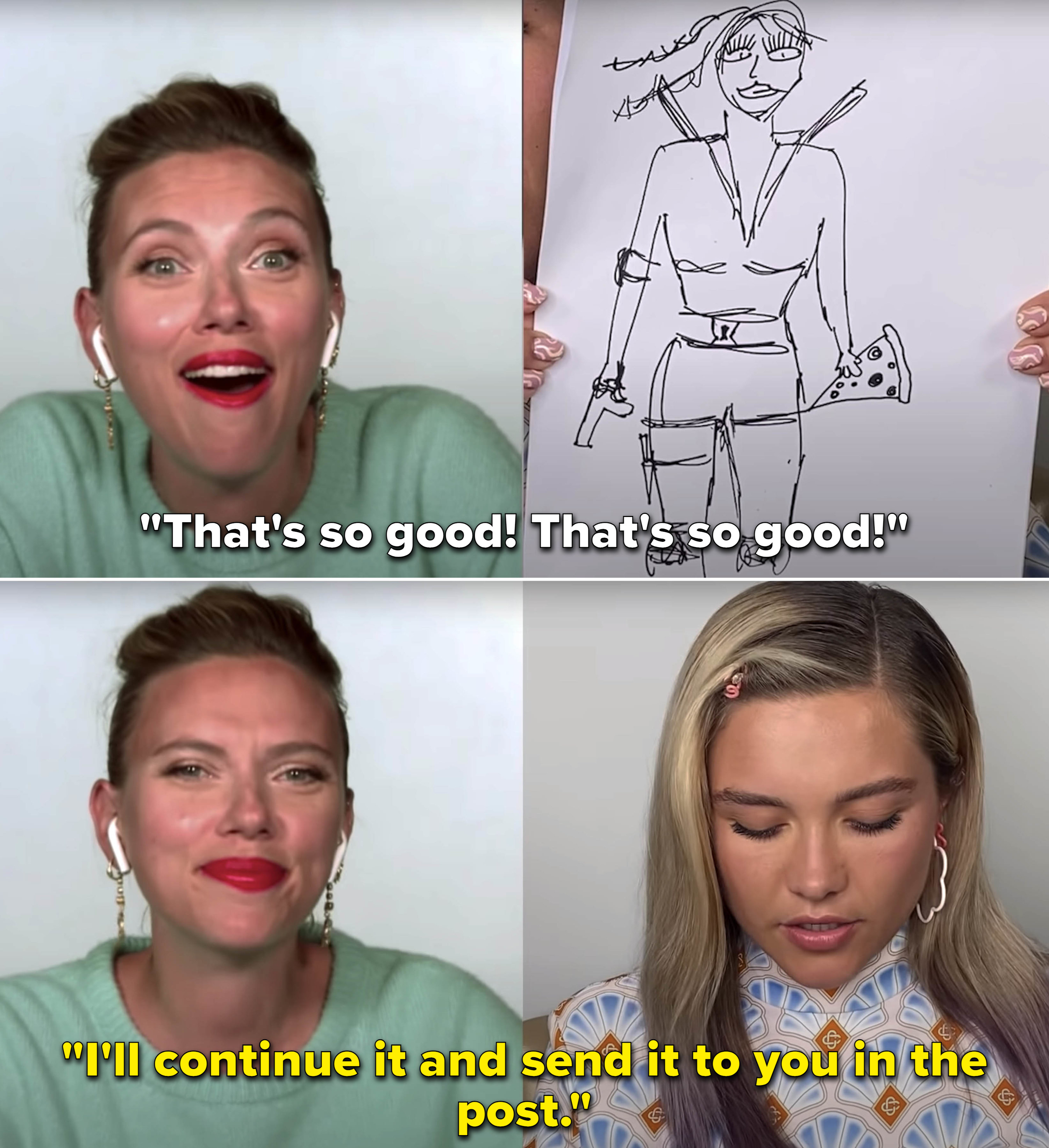 Scarlett looking at Florence&#x27;s drawing and yelling, &quot;That&#x27;s so good&quot;