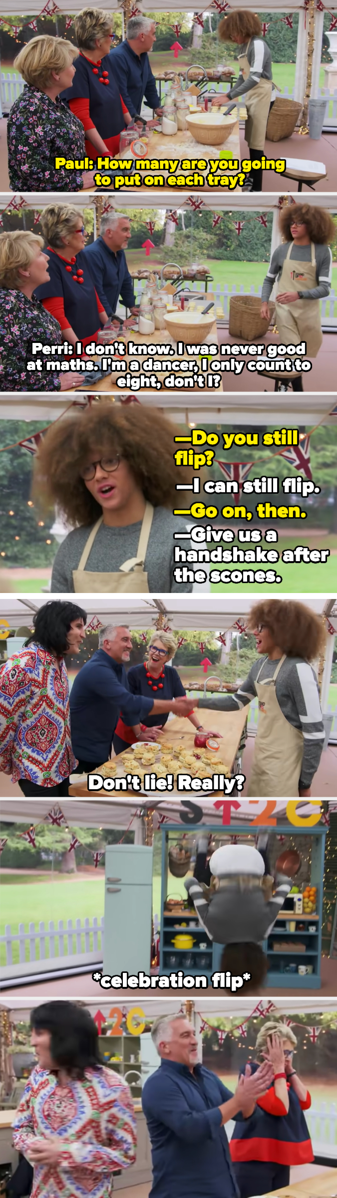 Perri gets a handshake for scones and flips for Paul