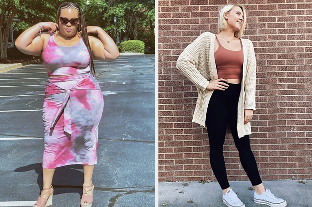 on left, reviewer wears pink tie-dye top and bottom set. on right, reviewer wears lightweight white cardigan with a crop top and leggings