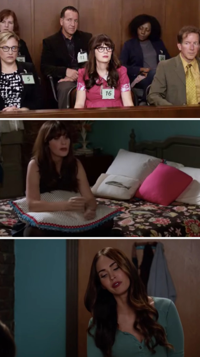 Jessica in a court room and sitting on her bed and Megan Fox in "New Girl"