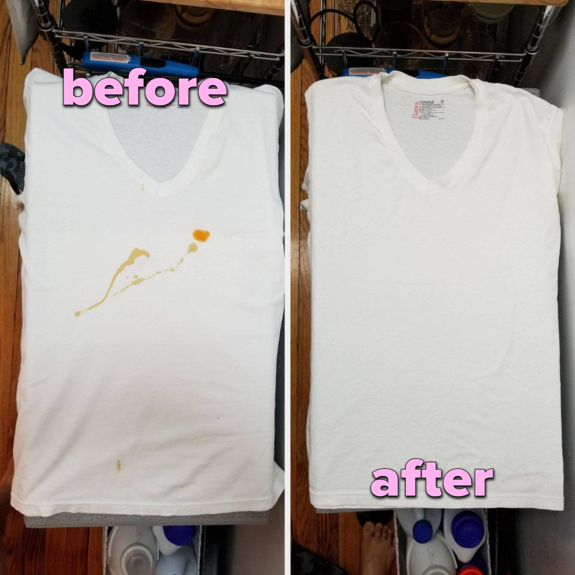 a before photo of a white shirt with ponzu sauce and hot sesame oil spilled on it and an after photo of the white shirt that looks brand new with no stain
