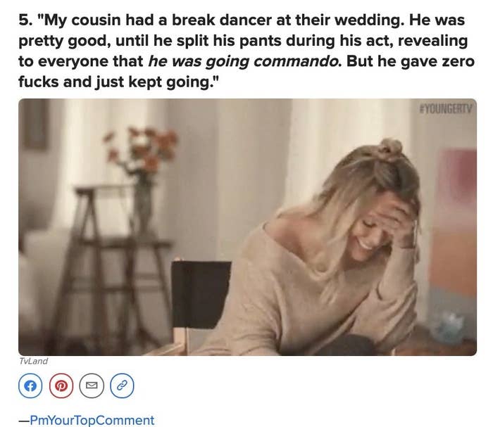 Screenshot of comment that a breakdancer at a wedding split his pants, revealing that he was going commando, but just kept going