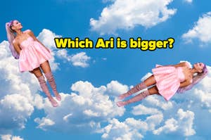 Two Ariana Grandes in the clouds with the text "which Ari is bigger?"