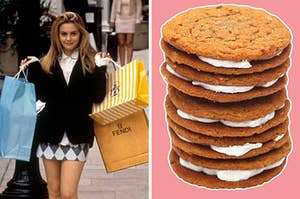 On the left, Cher from "Clueless" holding multiple shopping bags in her hands, and on the right, some oatmeal creme pies