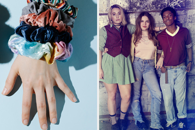 A pack of scrunchies are on the left with the cast of Cruel Summer on the right