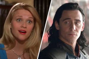 Reese Witherspoon as Elle Woods and Tom Hiddleston as Loki