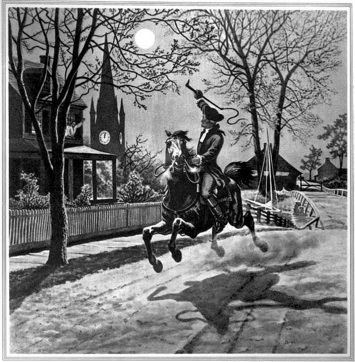 A sketch of Paul Revere riding on his horse and waving a whip