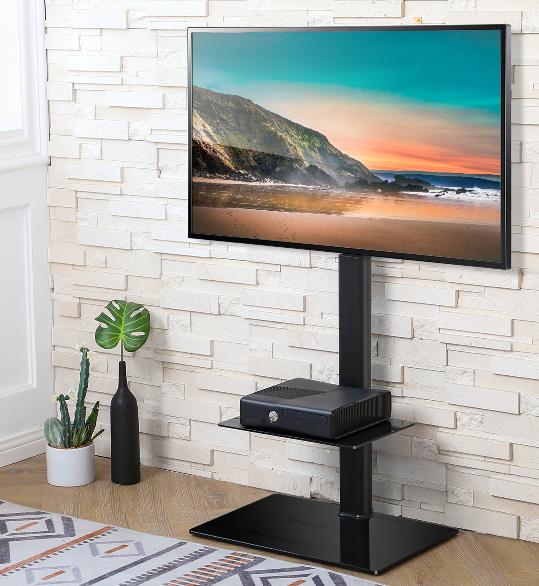 The height-adjustable floor TV stand with a swivel mount