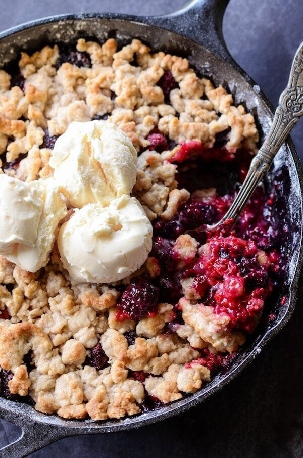 A berry cobbler in a skillet