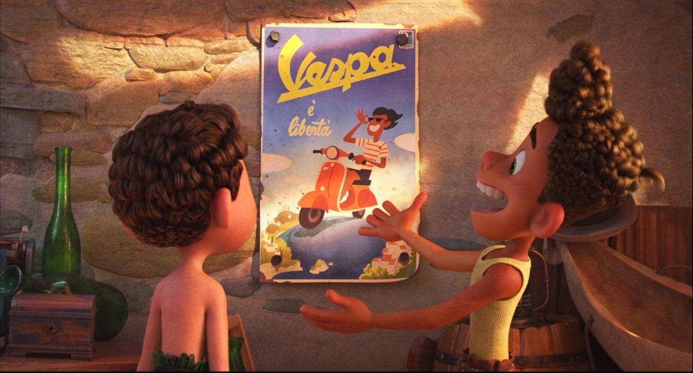 Alberto shows Luca a poster of a Vespa