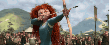 Merida shooting an arrow and hitting the direct center of her target