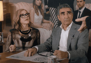 a gif of Moira Rose in &quot;Schitt&#x27;s Creek&quot; clapping and saying &quot;Great news&quot;