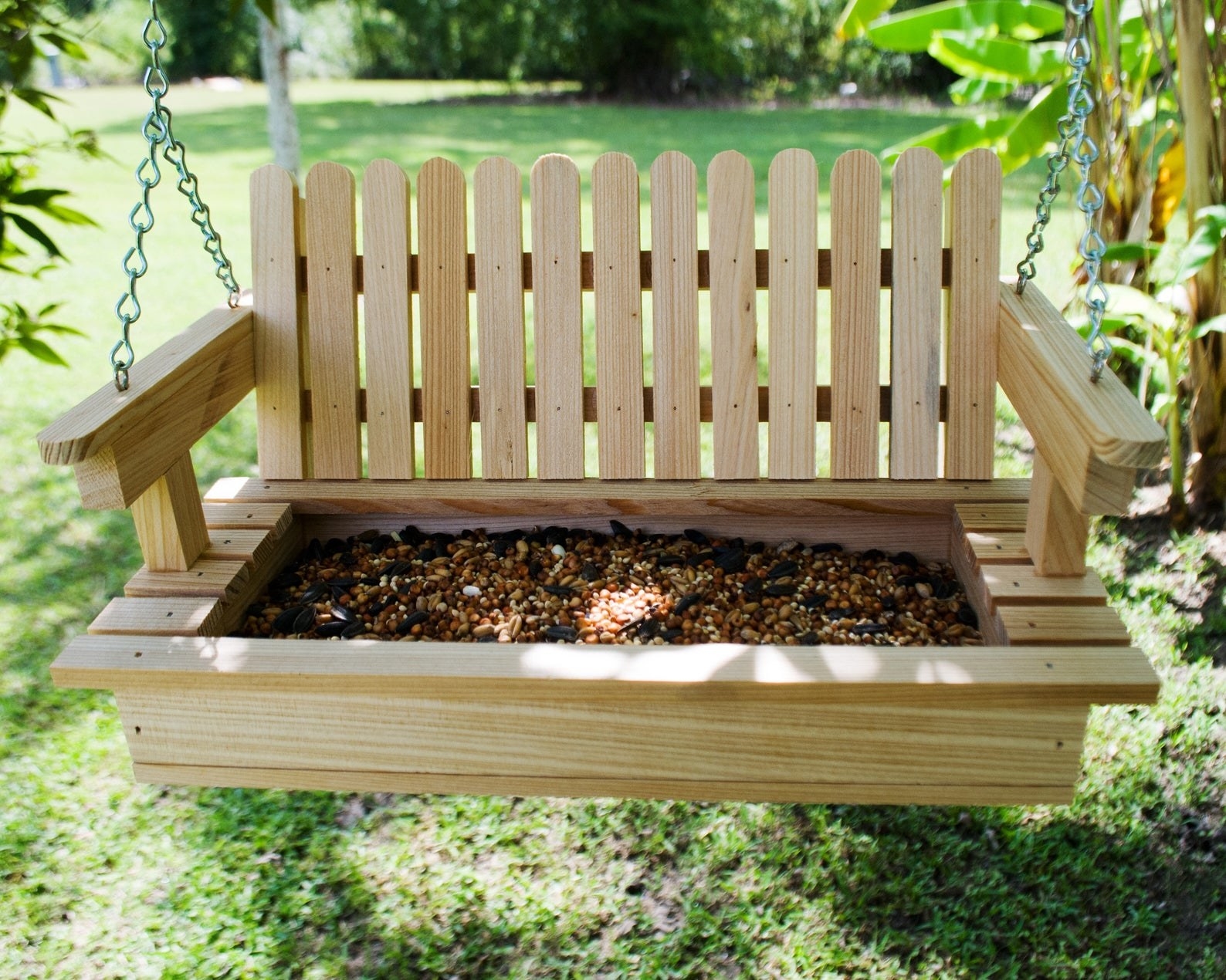 The wooden bench with bird food in the seat