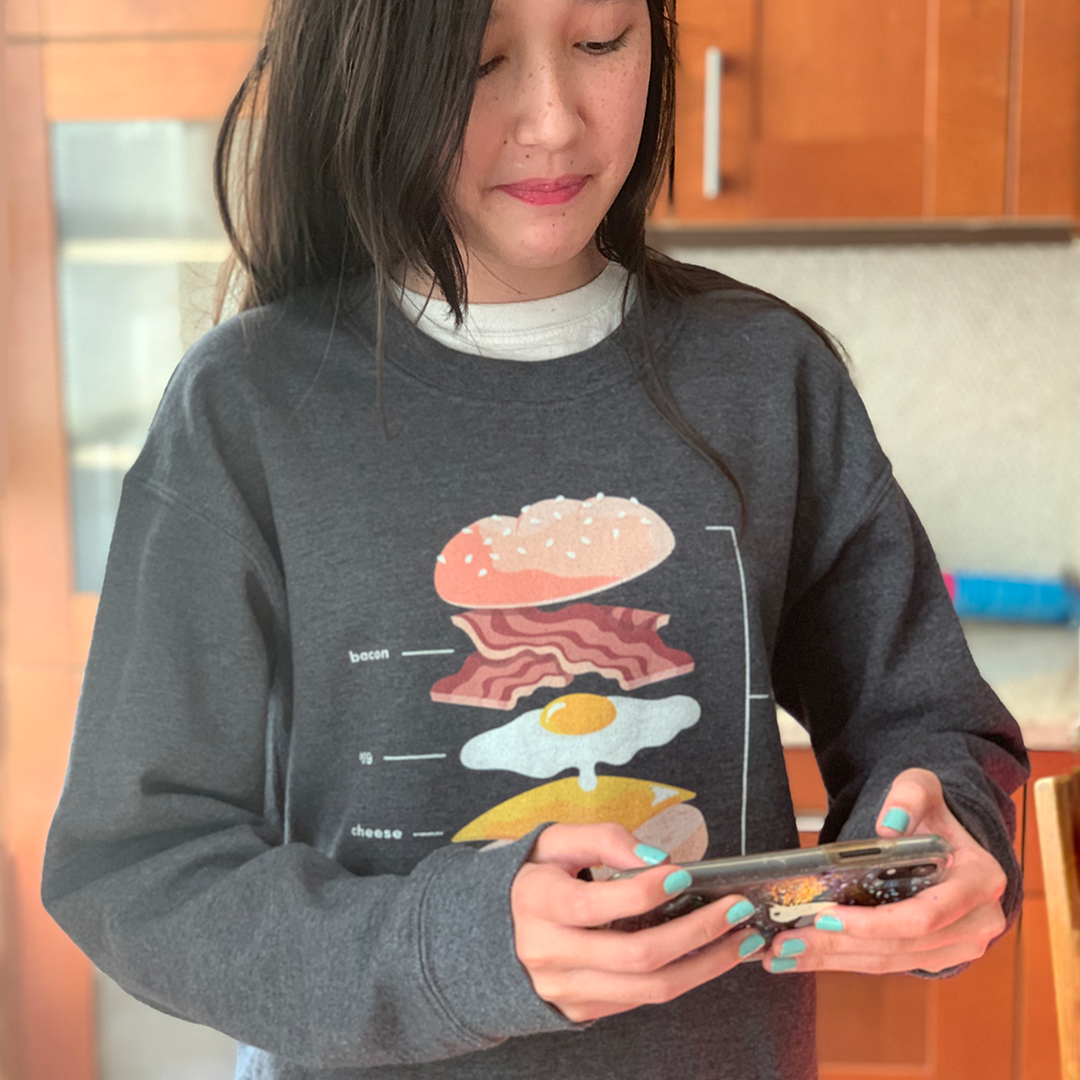 sweatshirt with bacon egg and cheese ingredients on it