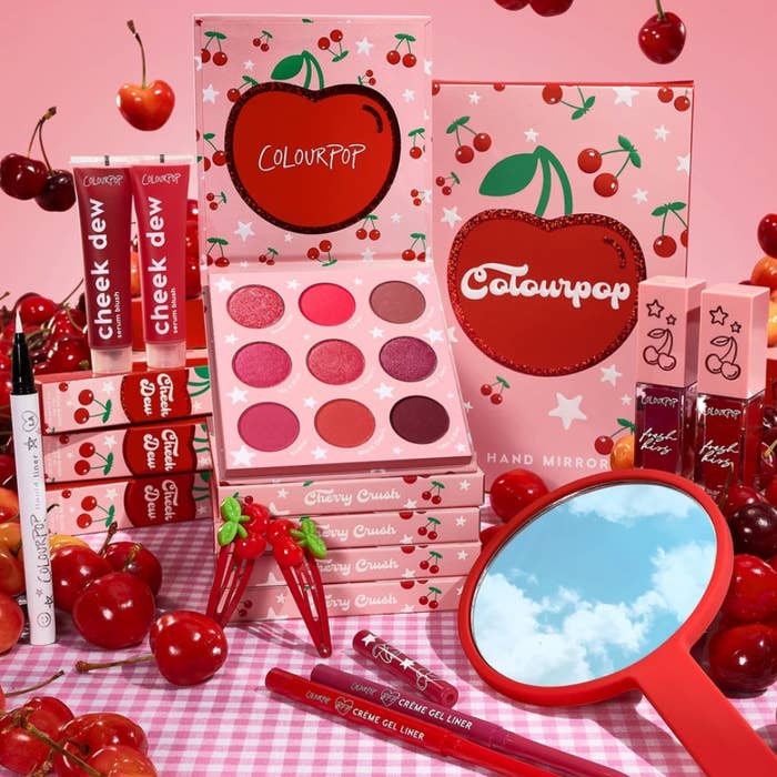 the cherry crush collection, which includes eyeshadow palette, hand mirror, hair clips, lip stains, eye liners, and blush