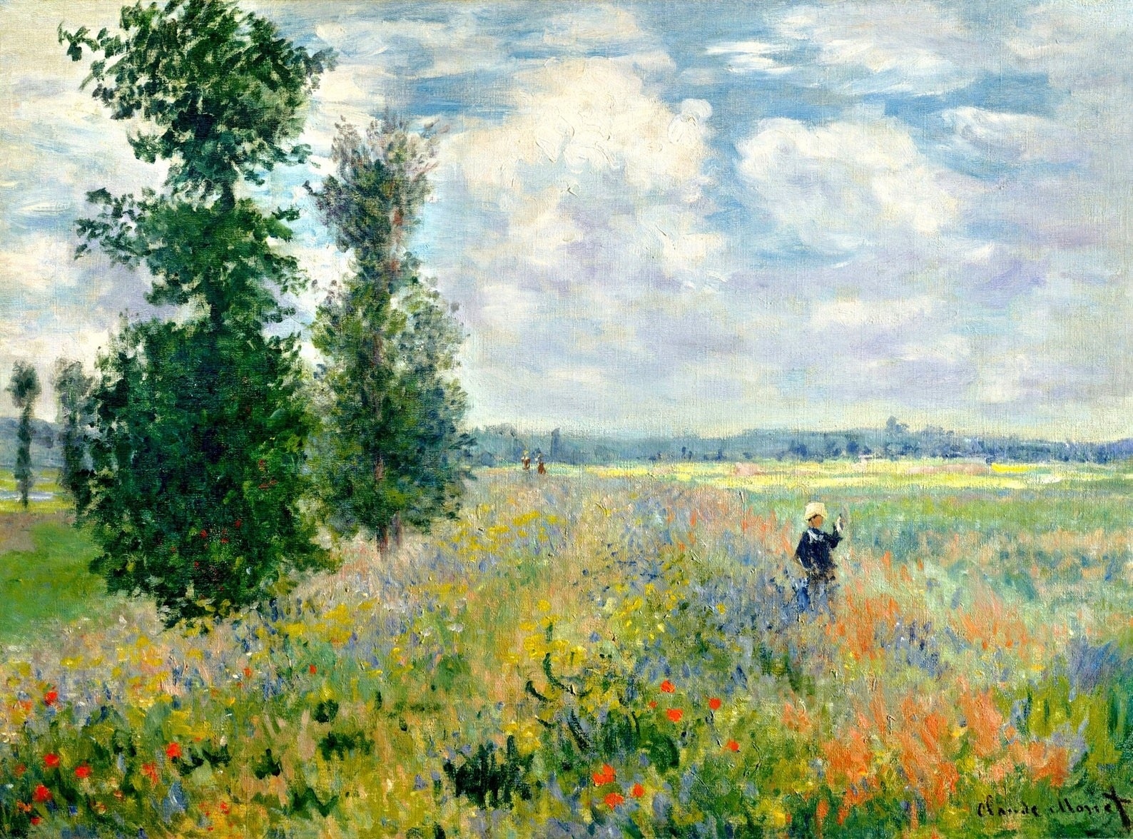 The painting of a flower field with a couple of trees and a person standing in it all