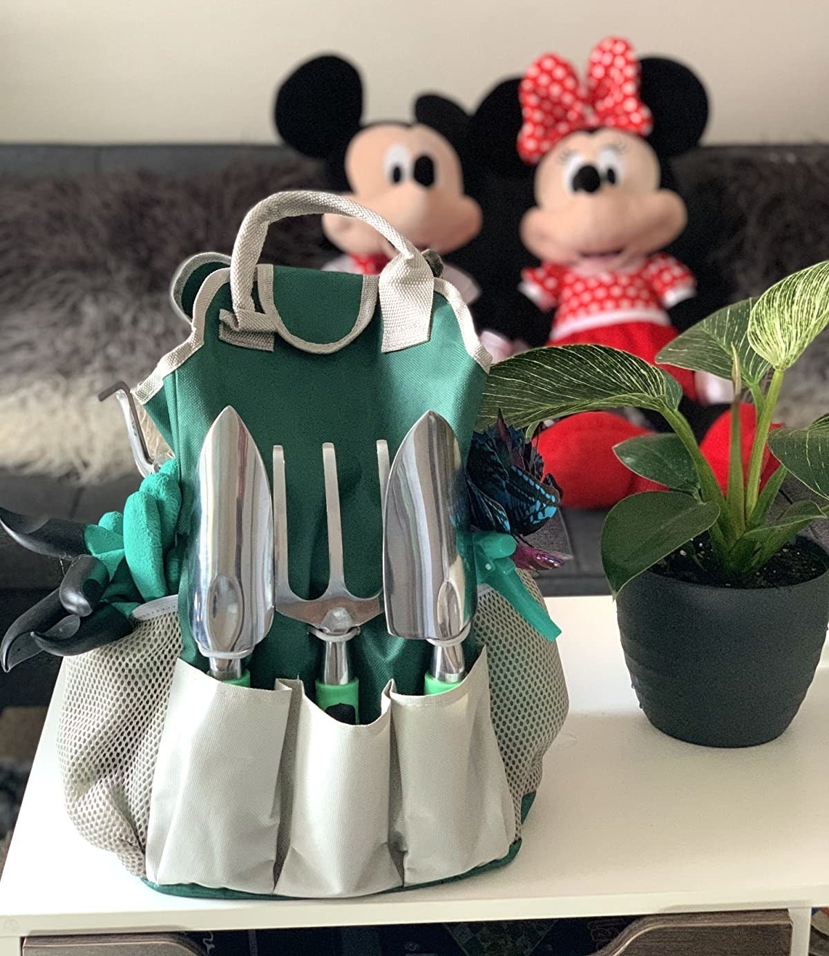 A reviewer photo of the gardening kit in the green bag that comes with it