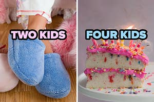 On the left, people wearing fuzzy slippers labeled "two kids," and on the right, a slice of vanilla cake covered in sprinkles and birthday candles labeled "four kids"