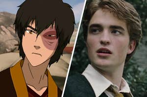 A close up of Zuko as he stares at someone off screen and Cedric Diggory looks off to the side.