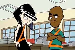 animated teen girl with chin length hair and bangs sits on a school desk, next to a bald teen with brows furrowed