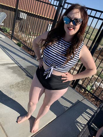 Reviewer wearing bathing suit