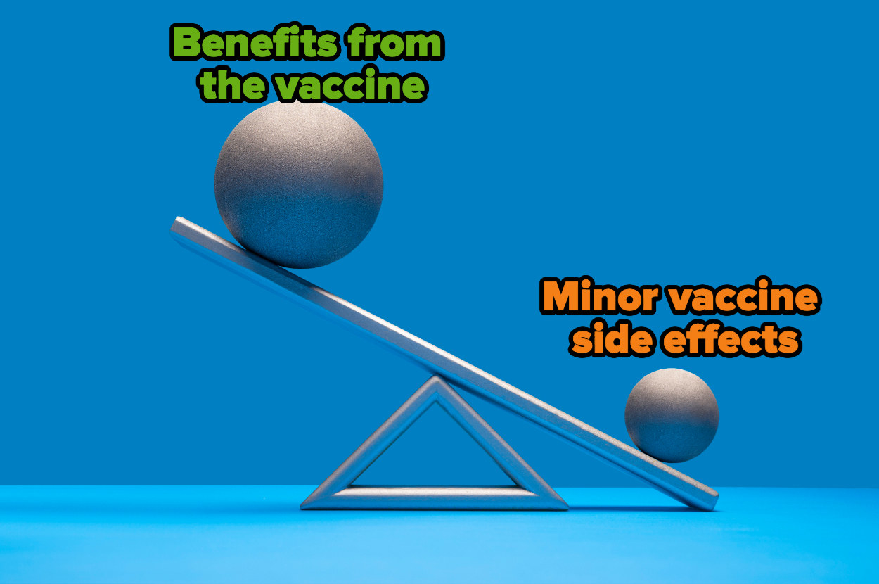 We see a seesaw: On the highest side sits a large ball with the words &quot;benefits from the vaccine&quot; above it, on the lower side sits a smaller ball with the words &quot;minor vaccine side effects&quot; above it