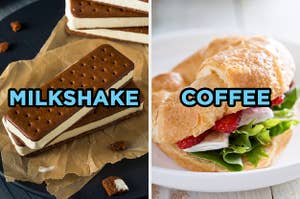 On the left, two ice cream sandwiches labeled "milkshake," and on the right, a turkey croissant sandwich labeled "coffee"