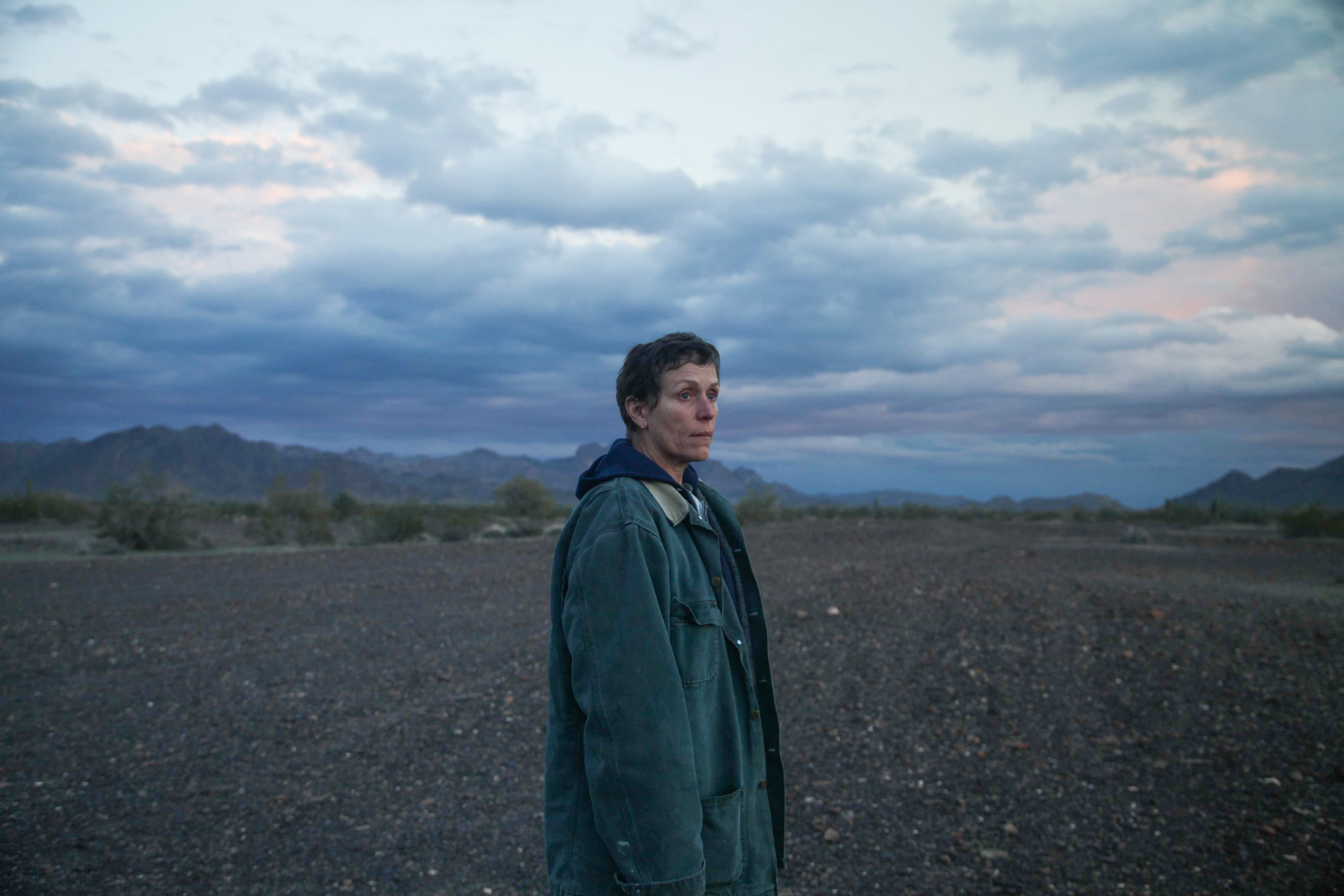 Frances McDormand looking out into the distance.