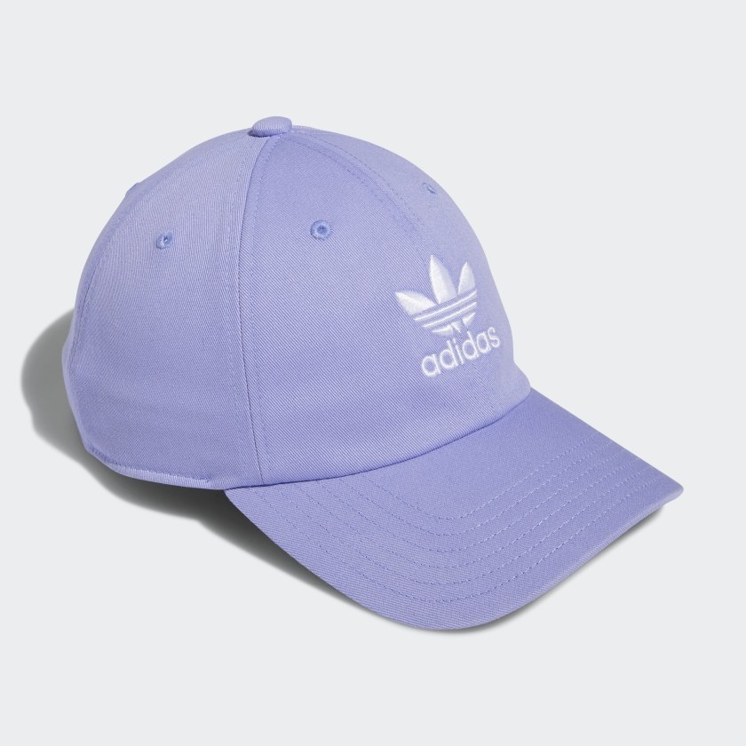 lilac baseball cap with adidas logo on it