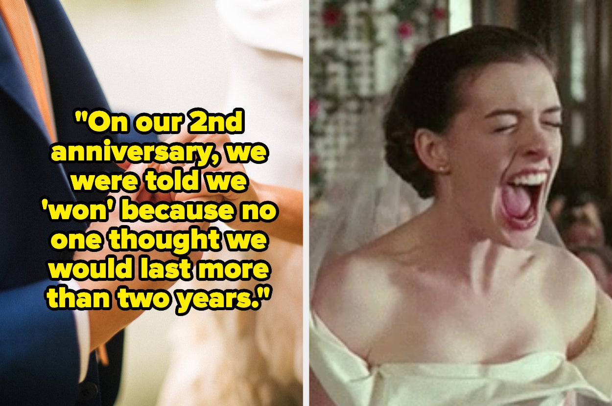 A couple holding hands, Anne Hathaway in a wedding dress screaming