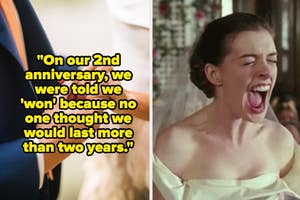 A couple holding hands, Anne Hathaway in a wedding dress screaming